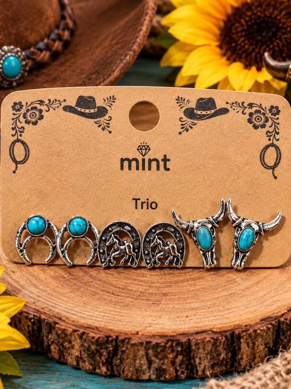 Mint Turquoise and Silver Western Earring Trio